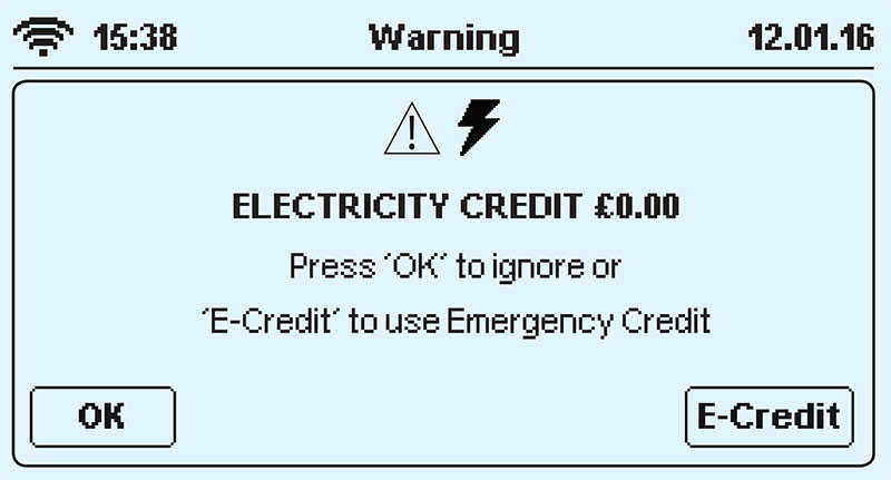 meter screen indicating a warning of £0.00 credit